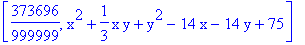 [373696/999999, x^2+1/3*x*y+y^2-14*x-14*y+75]